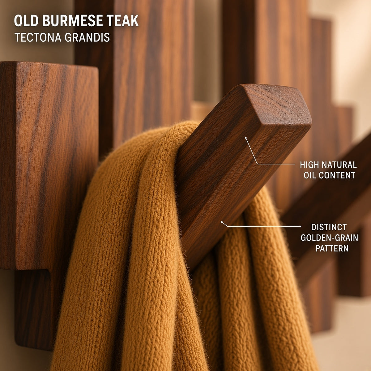 Wooden Piano Wall Hanger - Foldable Hooks, Old Burmese Teak, 4/6/8 Hook