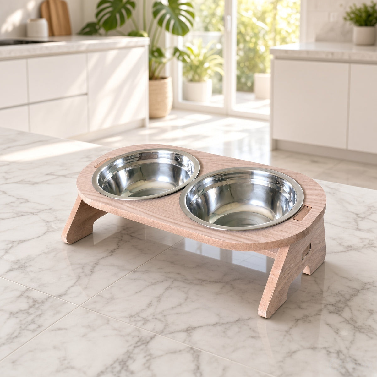 Wooden Cat Bowl Stand - Floor-Standing, 2 Removable Steel Bowls