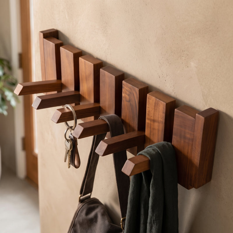 Classic Straight Wooden Wall Hanger - 6 Hooks, Old Burmese Teak