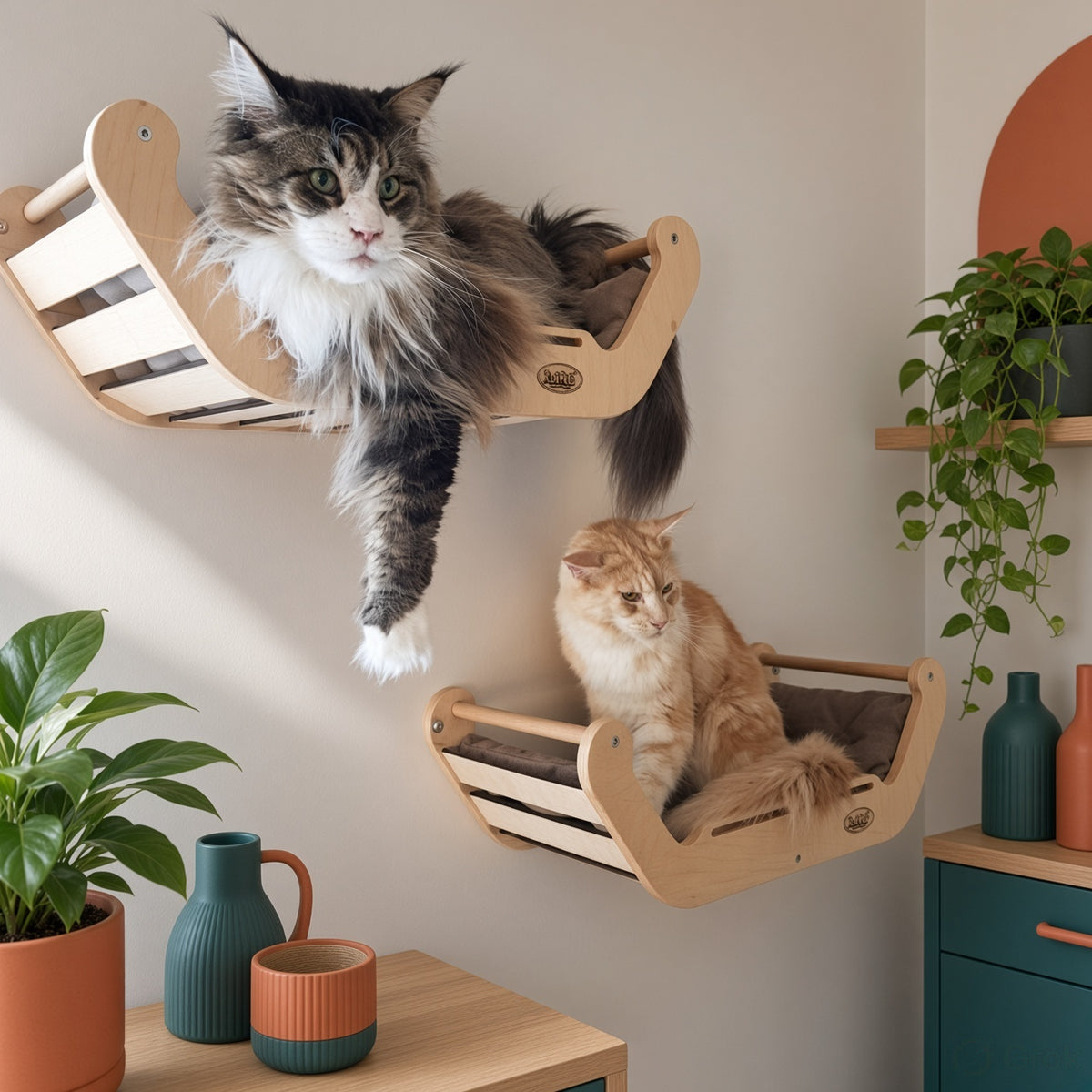 Wooden Wall Cat Bed with 3 Oval Steps - Teak Rod, Zero Floor Footprint
