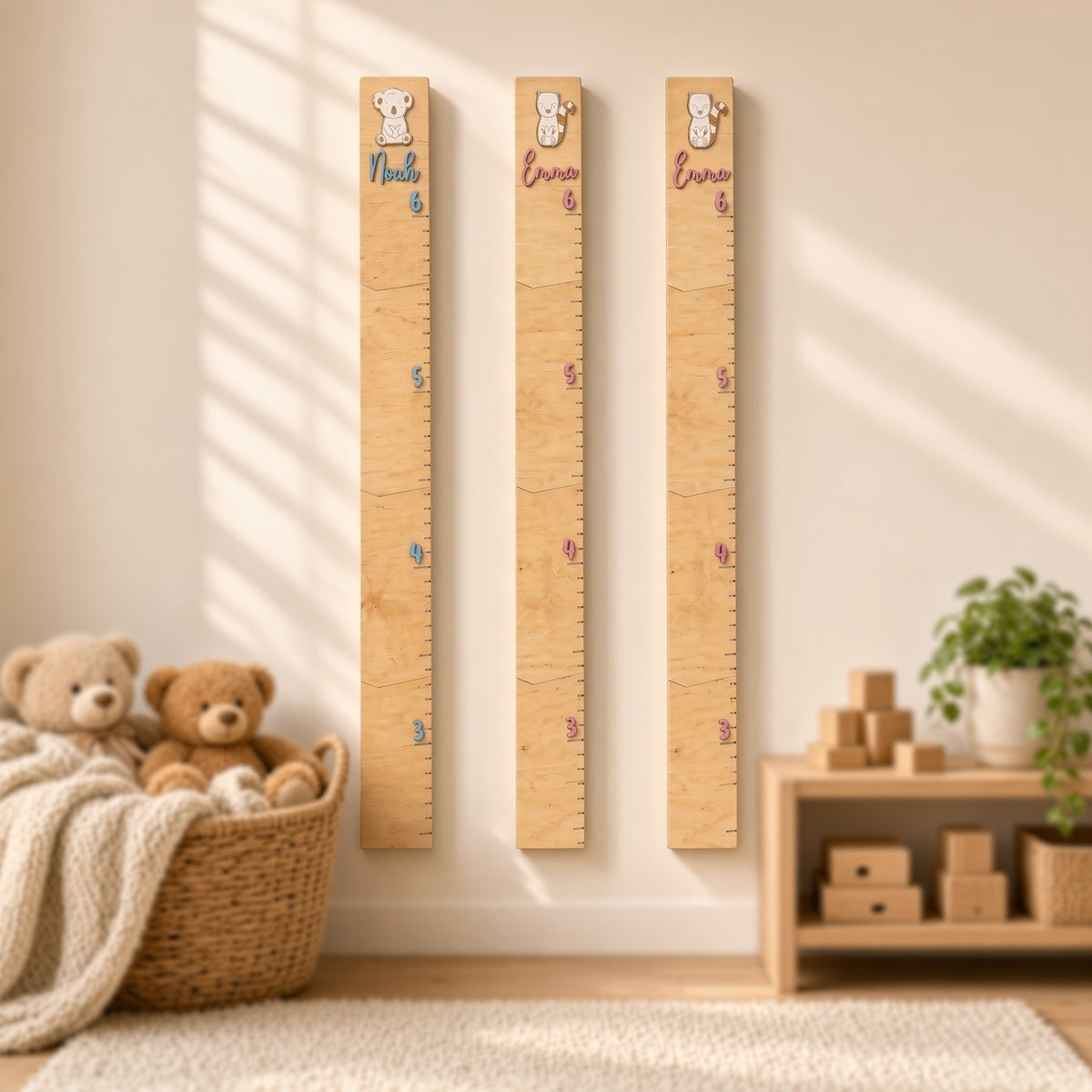 Wooden Kids Height Chart - Wall-Mounted Growth Chart with 18 Age Markers, Blue/Pink