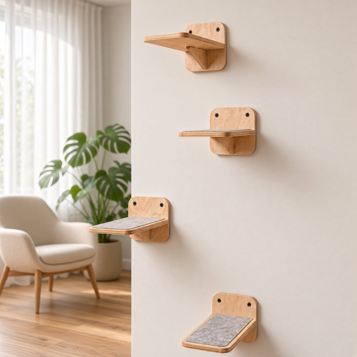 Wooden Corner Cat Bed with 4 Steps & Scratching Post - Wall-Mounted Set
