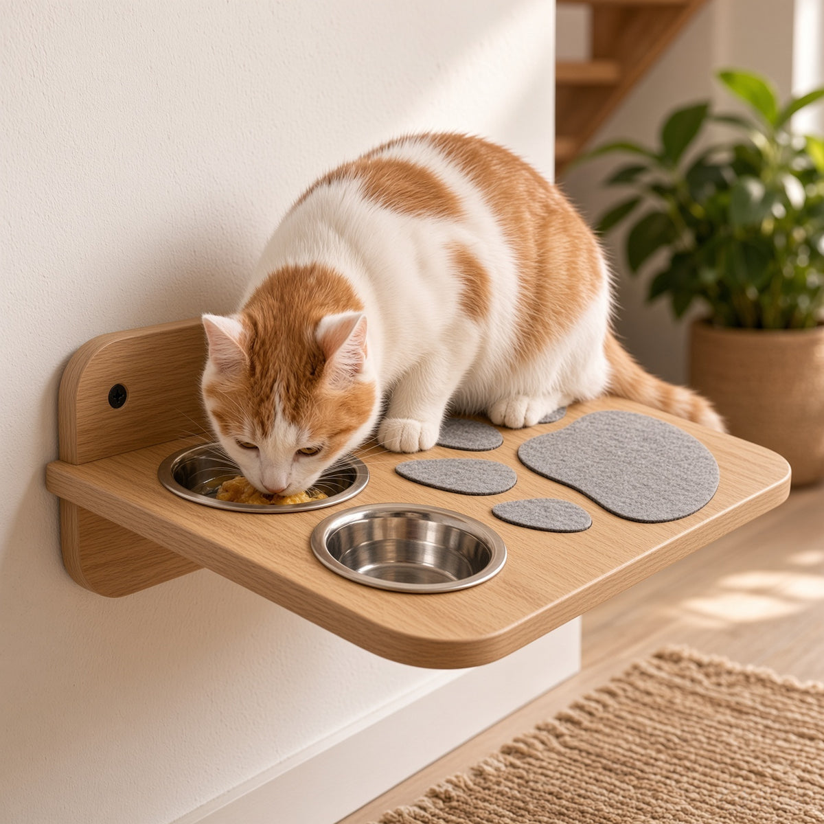 Wooden Cat Feeder Stand with 2 Steel Bowls - Wall-Mounted