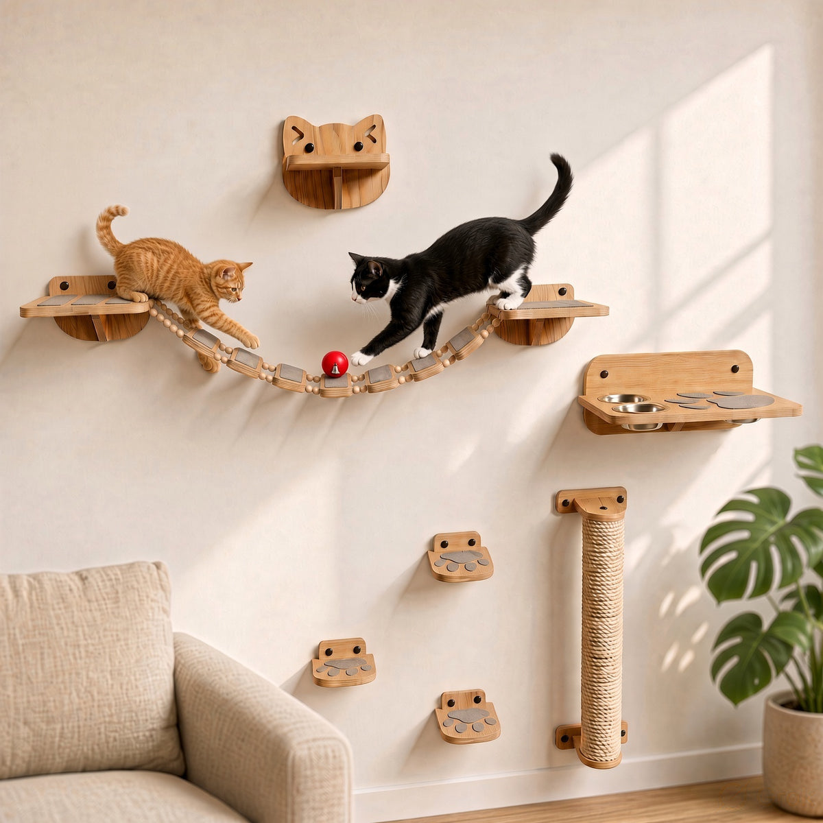 Wooden Cat Wall Furniture Set - All-in-One (Post, Steps, Bridge & Feeder)
