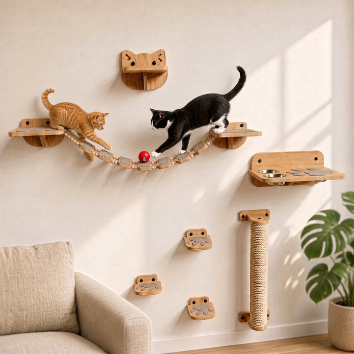 Wooden Cat Wall Furniture Set - All-in-One (Post, Steps, Bridge & Feeder)