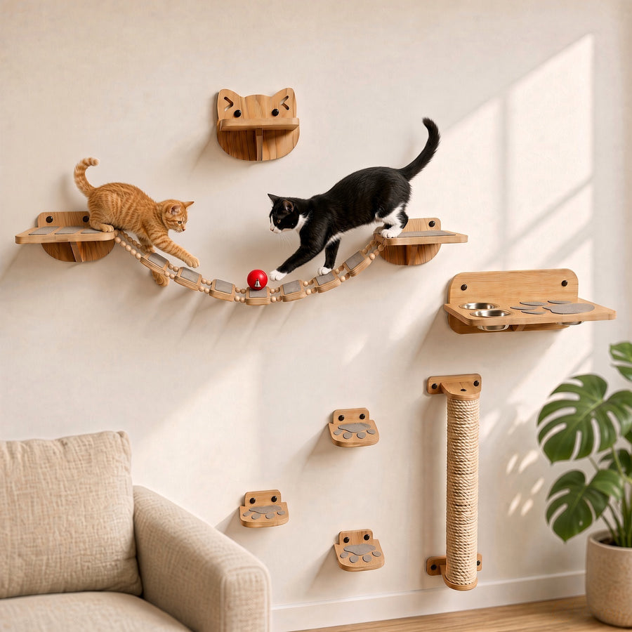 Wooden Cat Wall Furniture Set - All-in-One (Post, Steps, Bridge & Feeder)