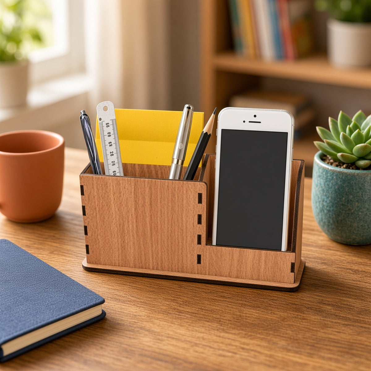 Wooden Desk Organizer - Pen & Mail Holder, Large/Small, Light Brown/Brown