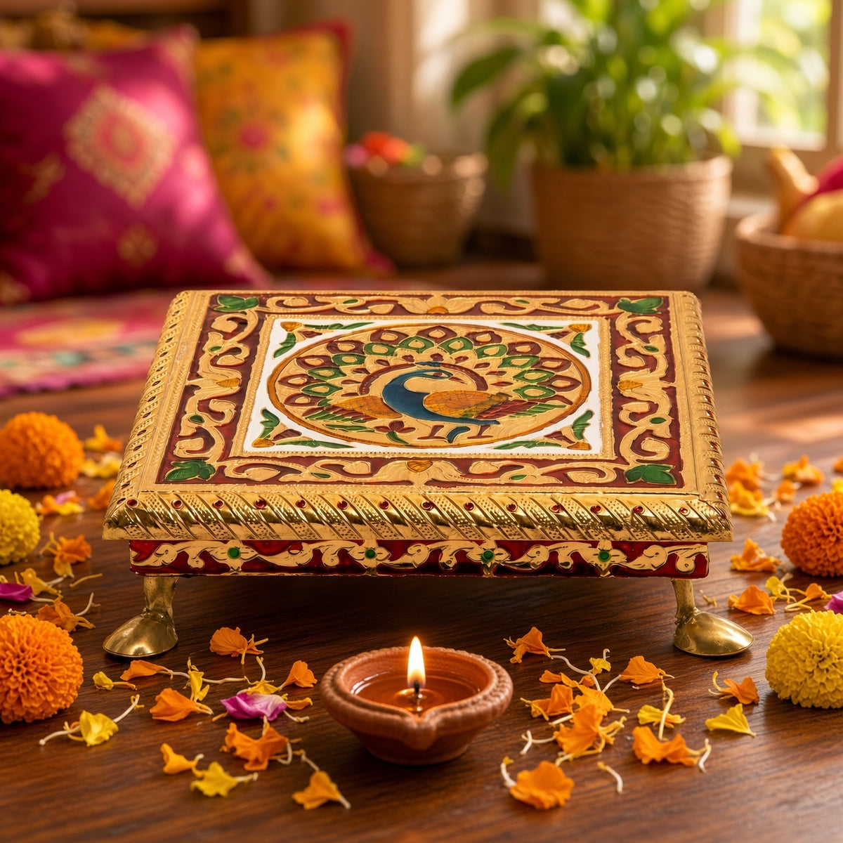 Wooden Bajot Chowki - Traditional Puja Stool, Large/Small