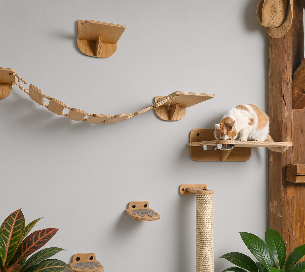 Wooden Cat Wall Furniture Set - All-in-One (Post, Steps, Bridge & Feeder)