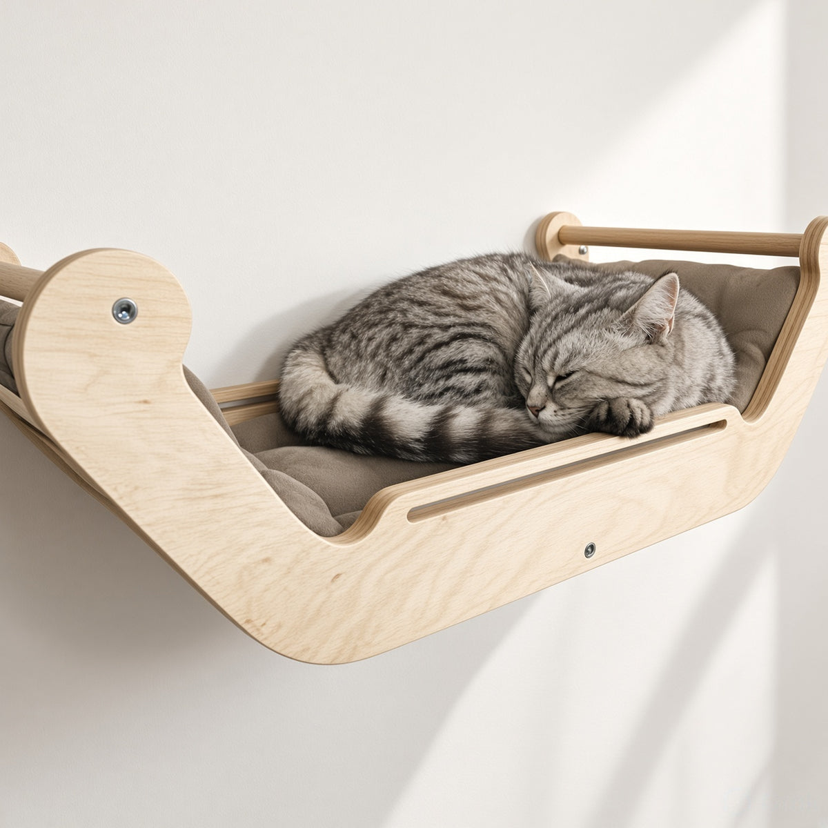 Wooden Wall Cat Bed with 3 Oval Steps - Teak Rod, Zero Floor Footprint