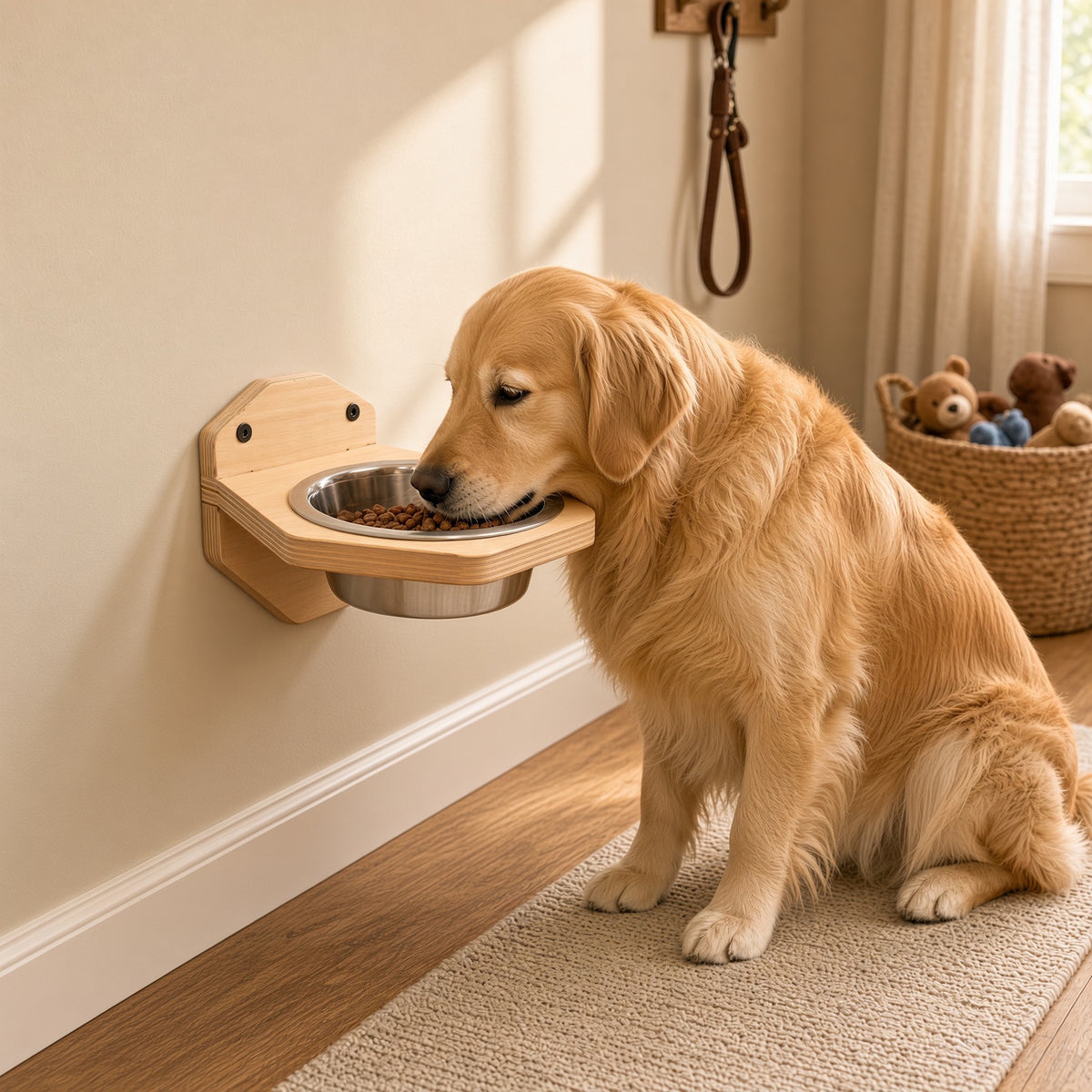 Wall-Mounted Wooden Pet Bowl - Single Removable Stainless Steel Bowl