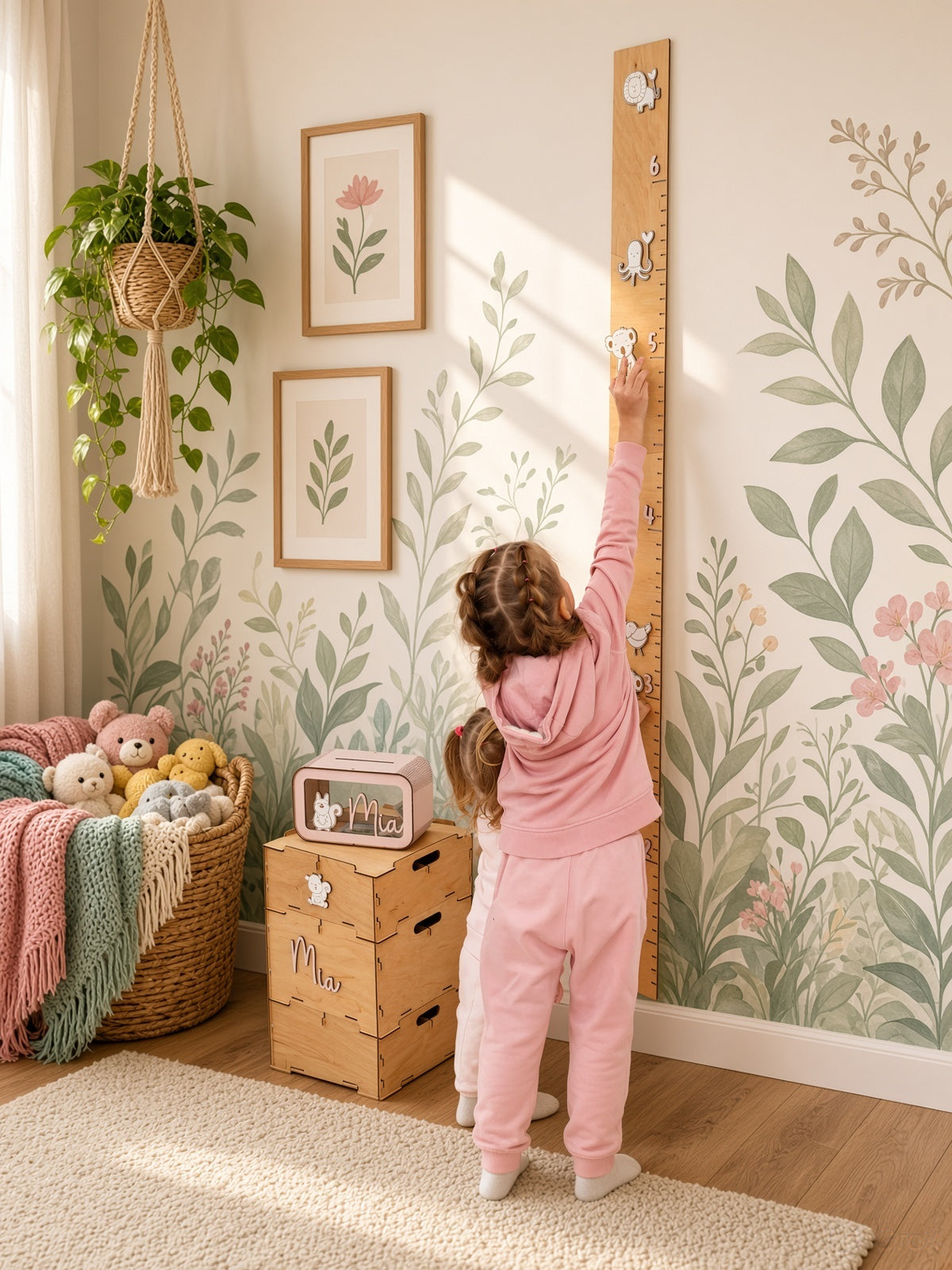 Wooden Kids Height Chart - Wall-Mounted Growth Chart with 18 Age Markers, Blue/Pink