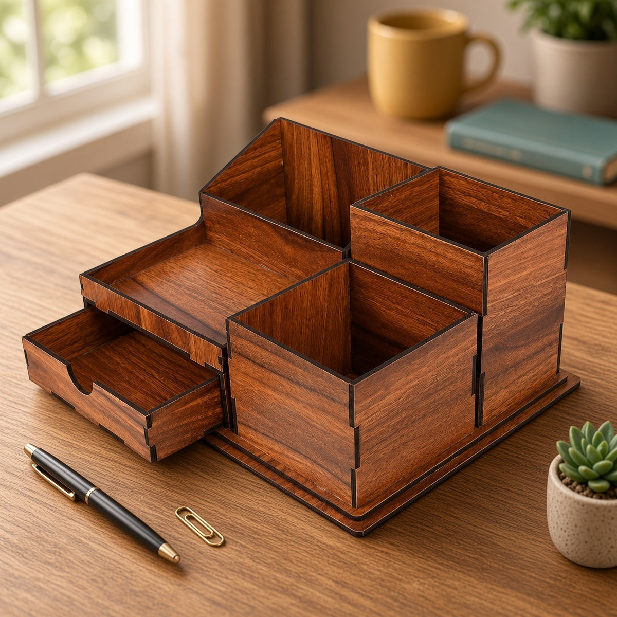 Wooden Desk Organizer - Pen & Mail Holder, Large/Small, Light Brown/Brown