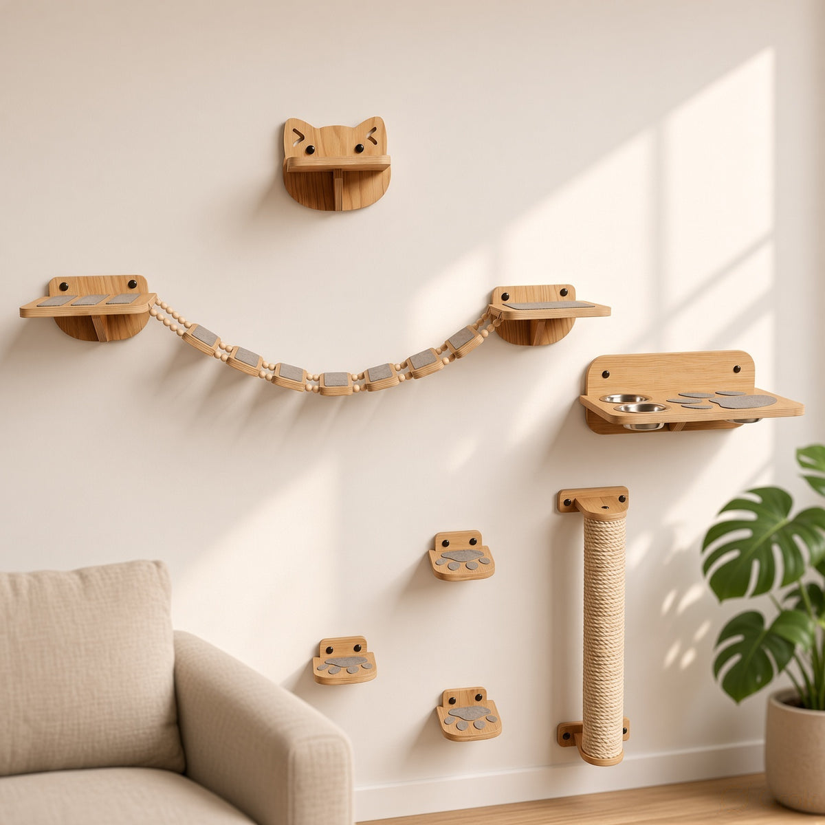 Wooden Cat Wall Furniture Set - All-in-One (Post, Steps, Bridge & Feeder)