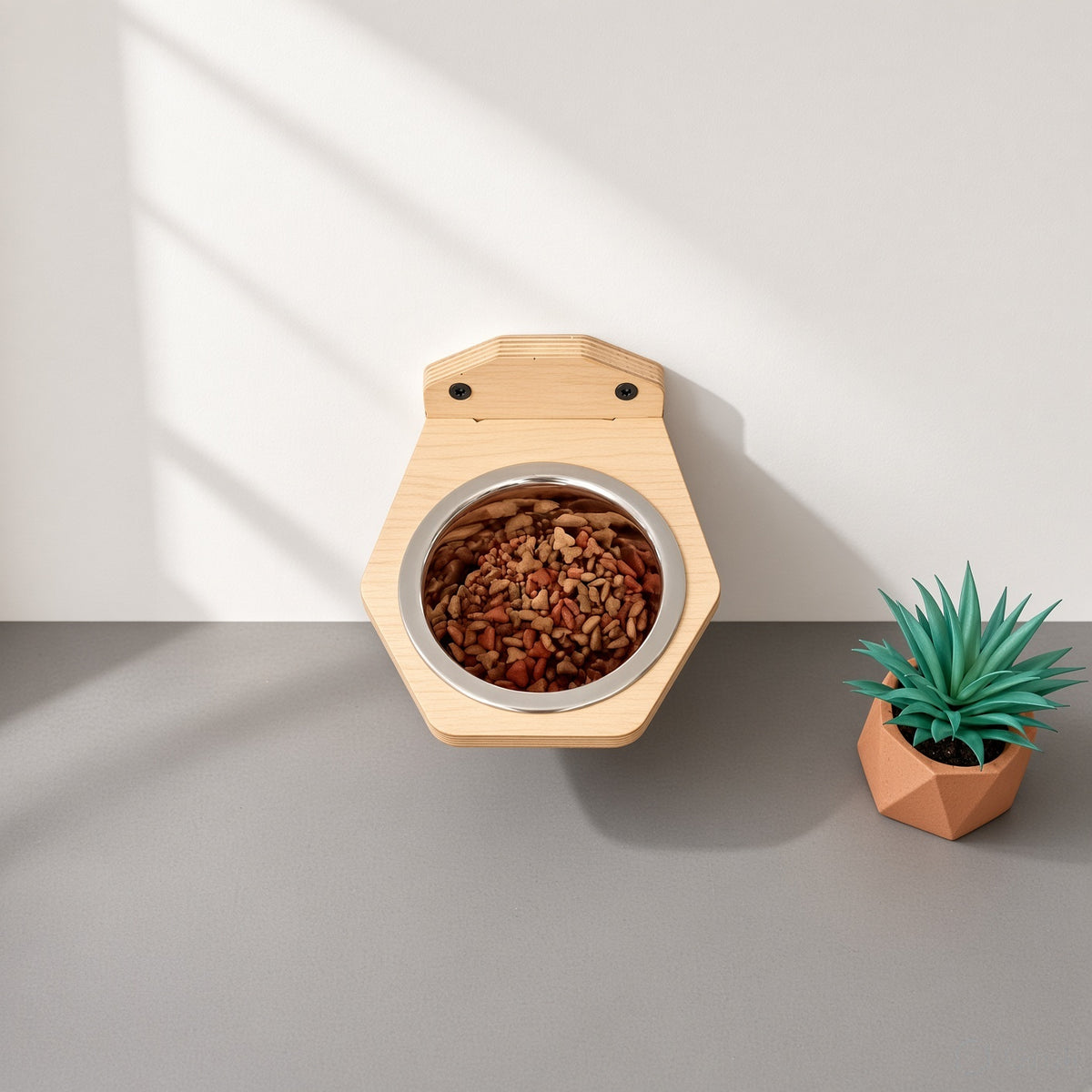 Wall-Mounted Wooden Pet Bowl - Single Removable Stainless Steel Bowl