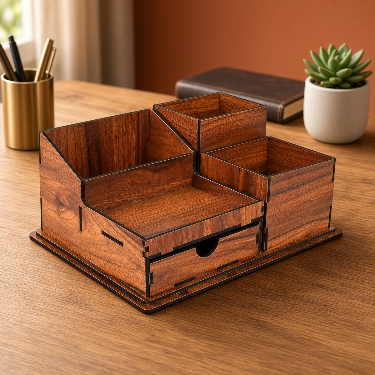 Wooden Desk Organizer - Pen & Mail Holder, Large/Small, Light Brown/Brown