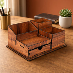 Wooden Desk Organizer - Pen & Mail Holder, Large/Small, Light Brown/Brown
