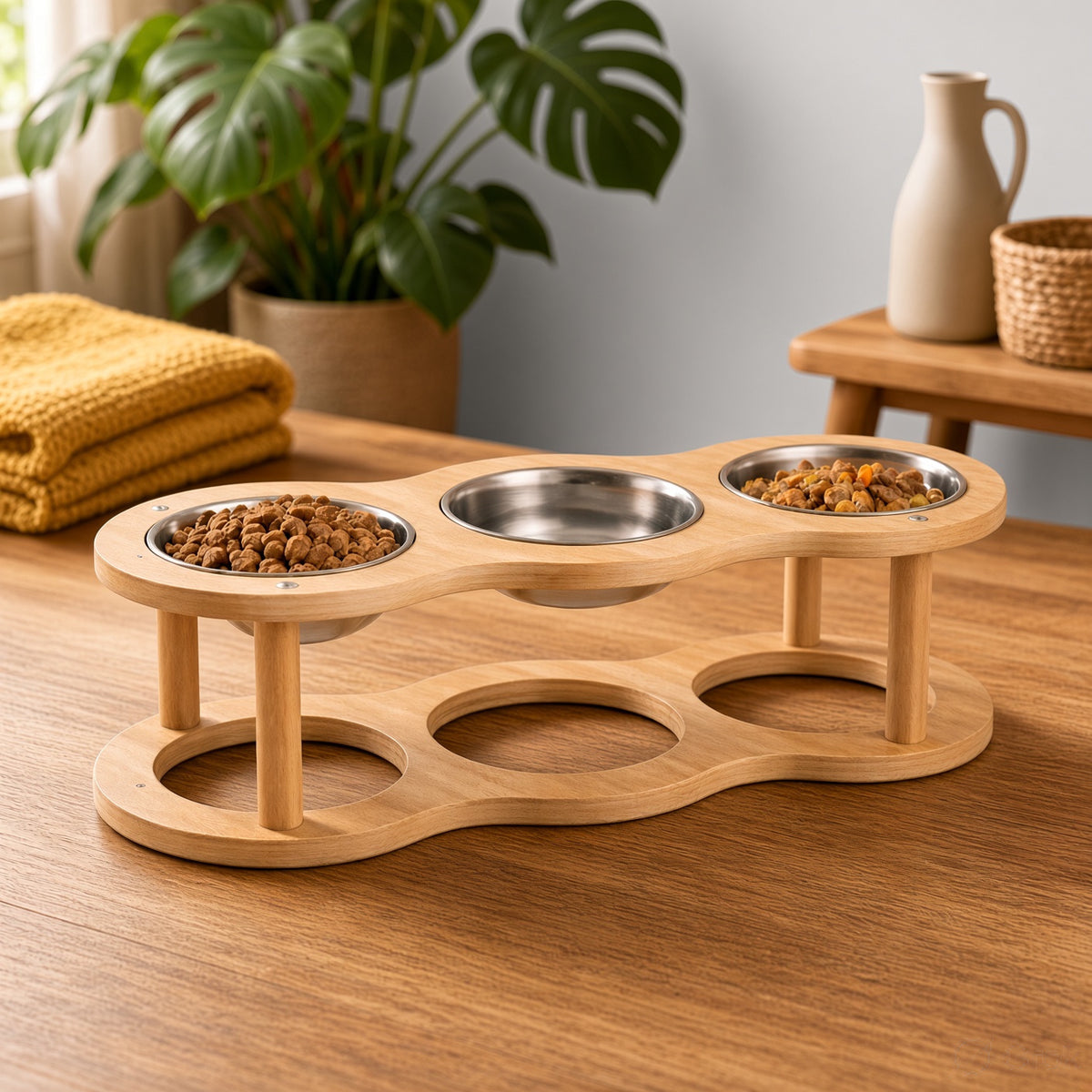 Wooden Dandi Pet Bowl Stand - Burmese Teak Rod, Single/Double/Triple Bowl