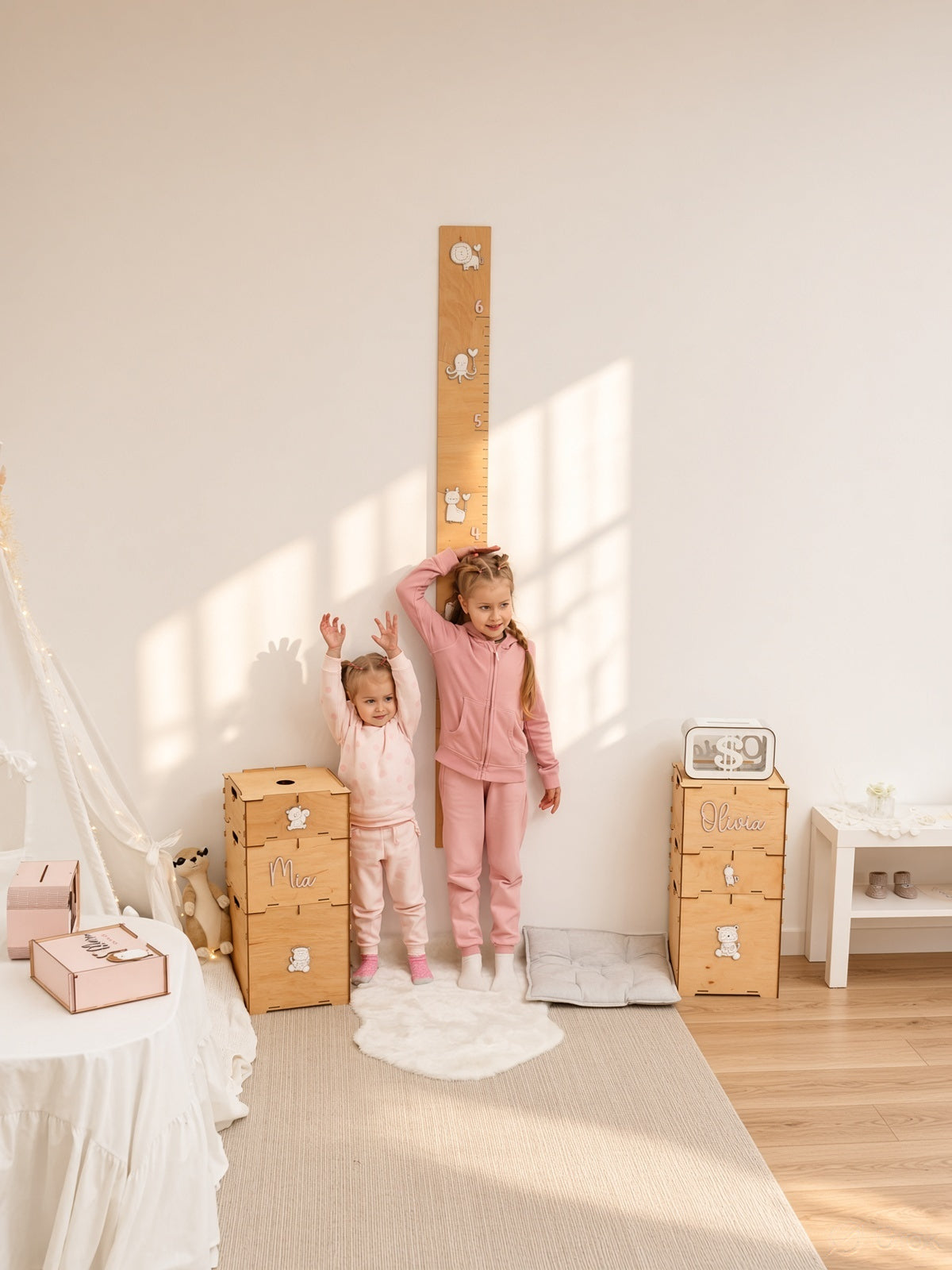 Wooden Kids Height Chart - Wall-Mounted Growth Chart with 18 Age Markers, Blue/Pink