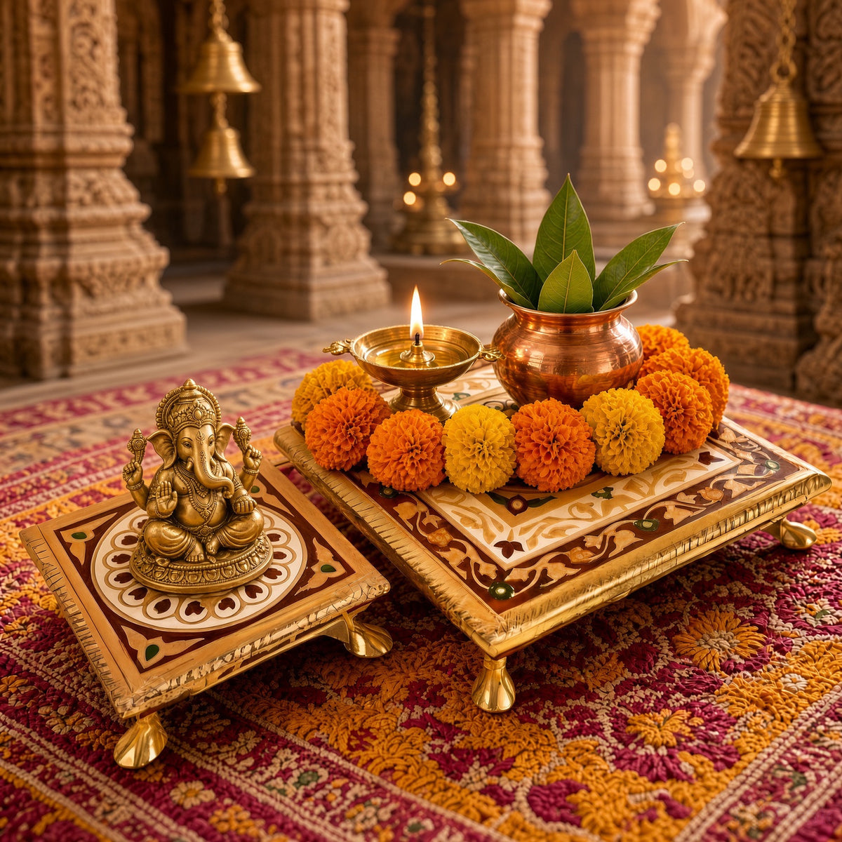 Wooden Bajot Chowki - Traditional Puja Stool, Large/Small