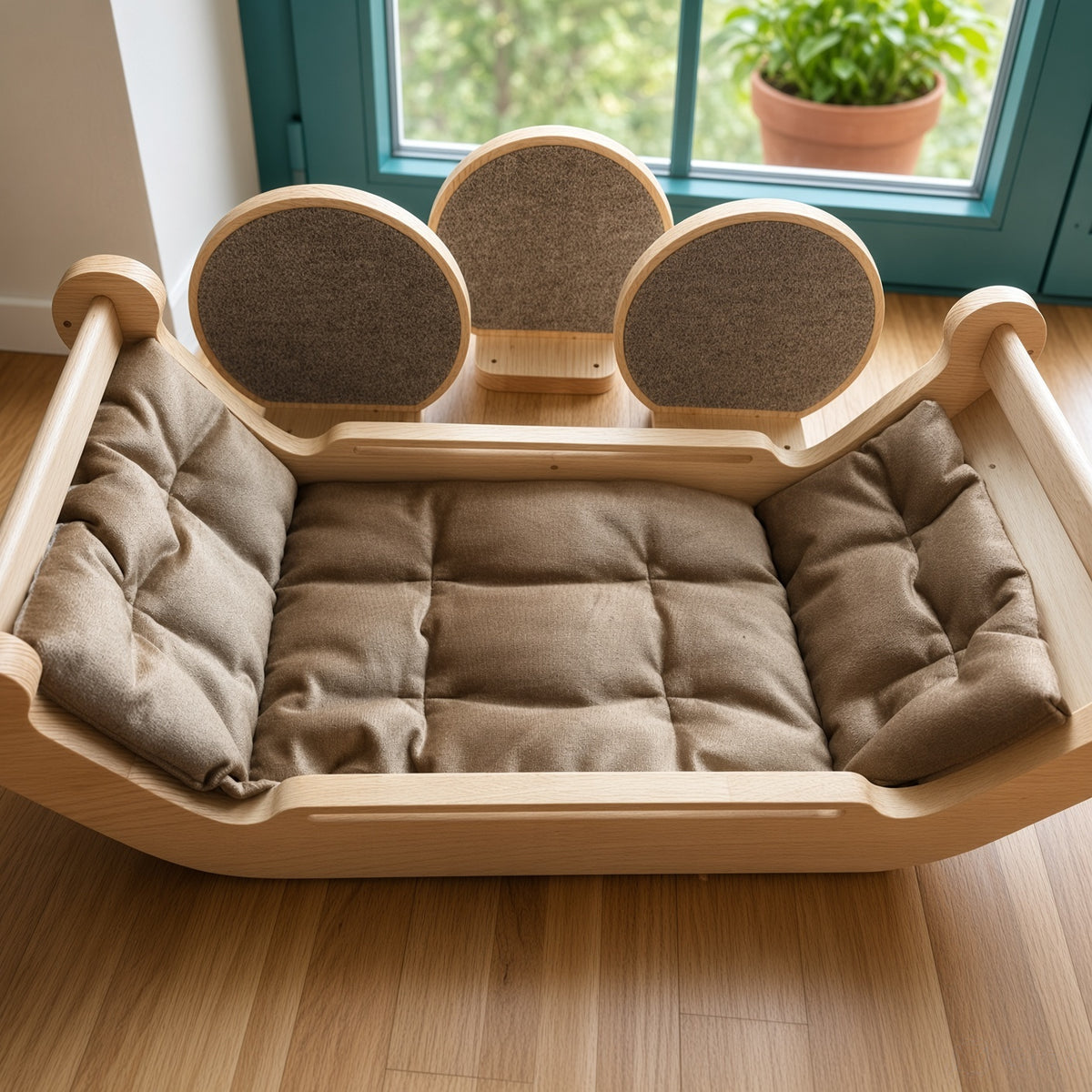 Wooden Wall Cat Bed with 3 Oval Steps - Teak Rod, Zero Floor Footprint