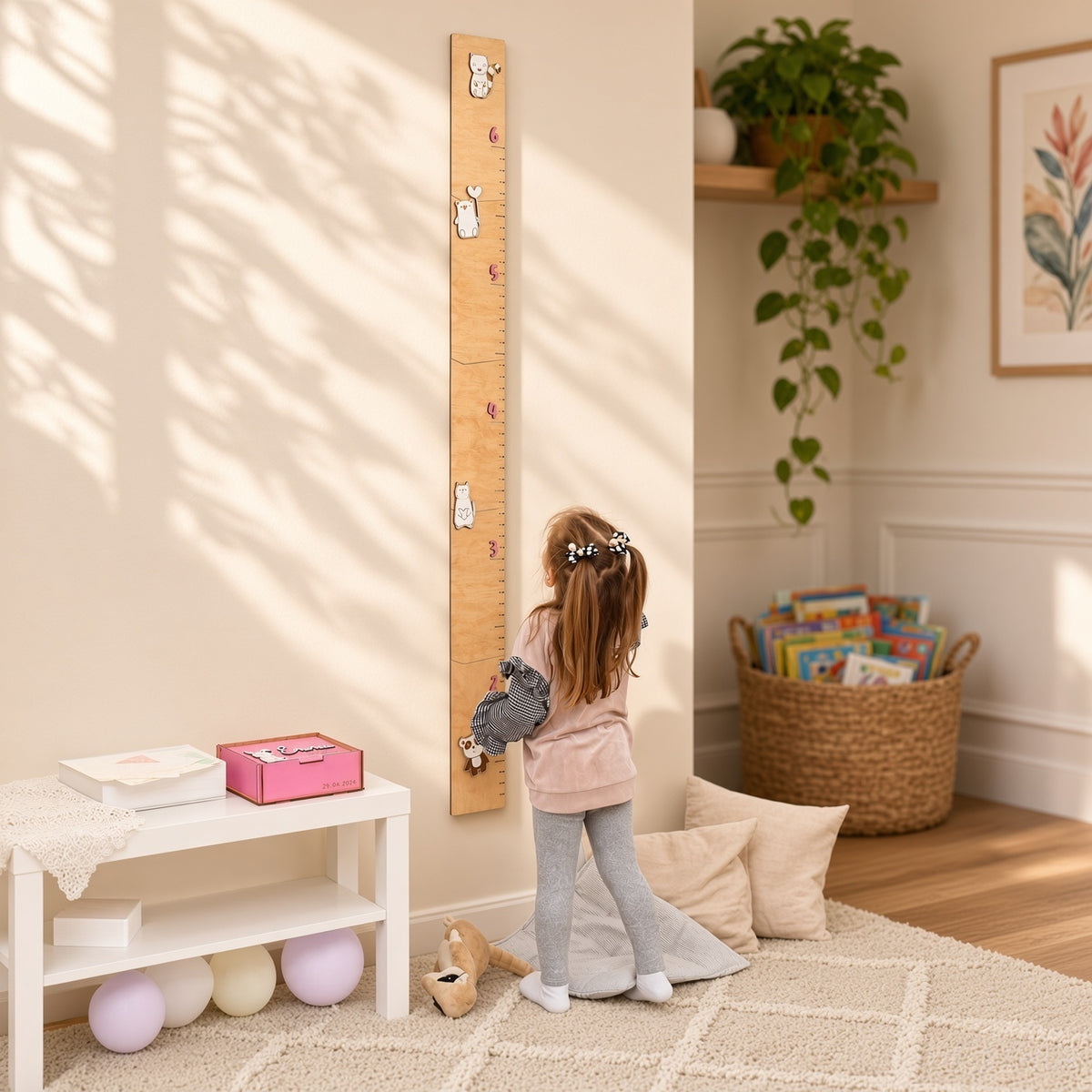 Wooden Kids Height Chart - Wall-Mounted Growth Chart with 18 Age Markers, Blue/Pink
