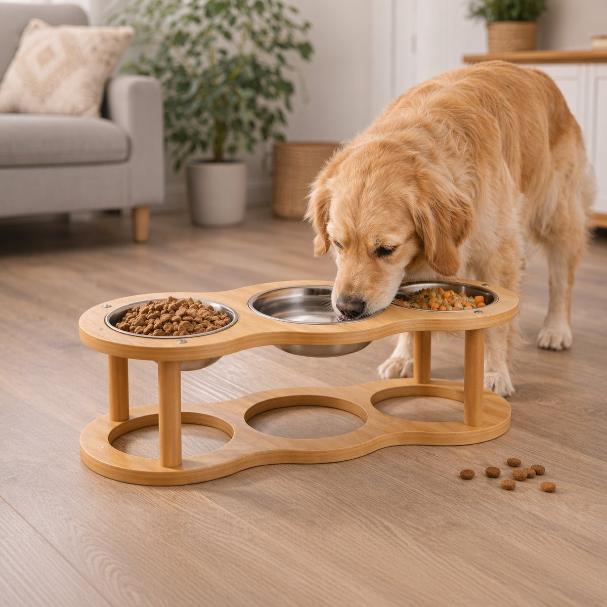 Wooden Dandi Pet Bowl Stand - Burmese Teak Rod, Single/Double/Triple Bowl