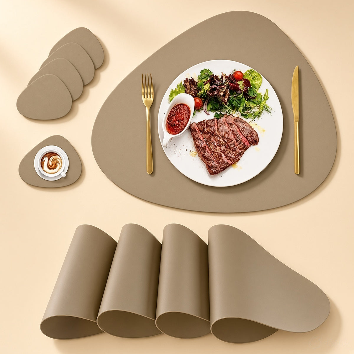 Wooden & Leather Placemat Set with Matching Tea Coasters Oval
