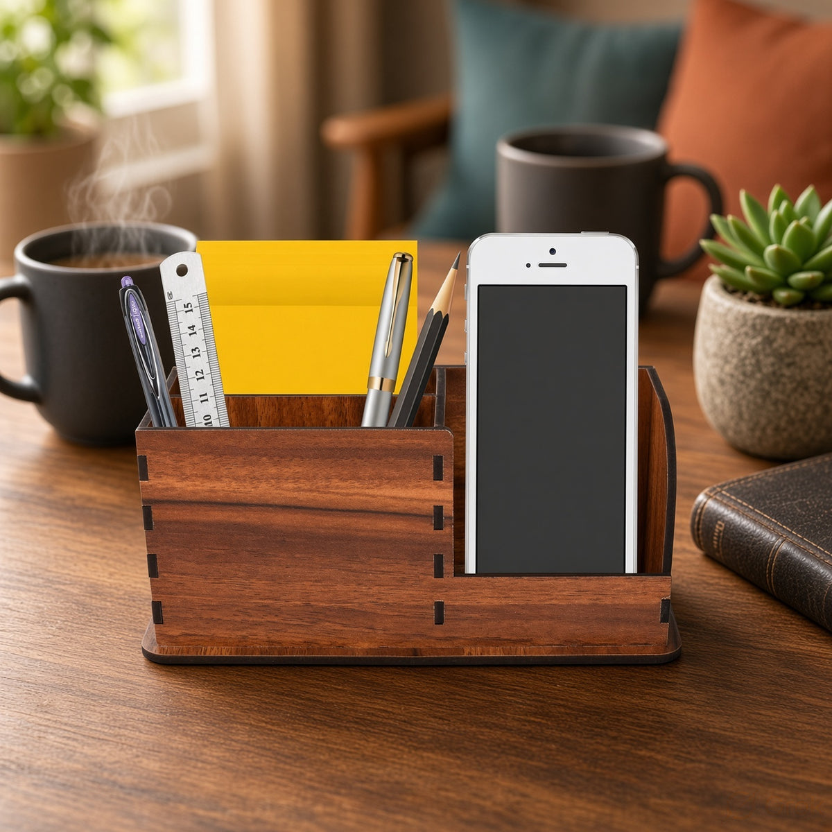 Wooden Desk Organizer - Pen & Mail Holder, Large/Small, Light Brown/Brown