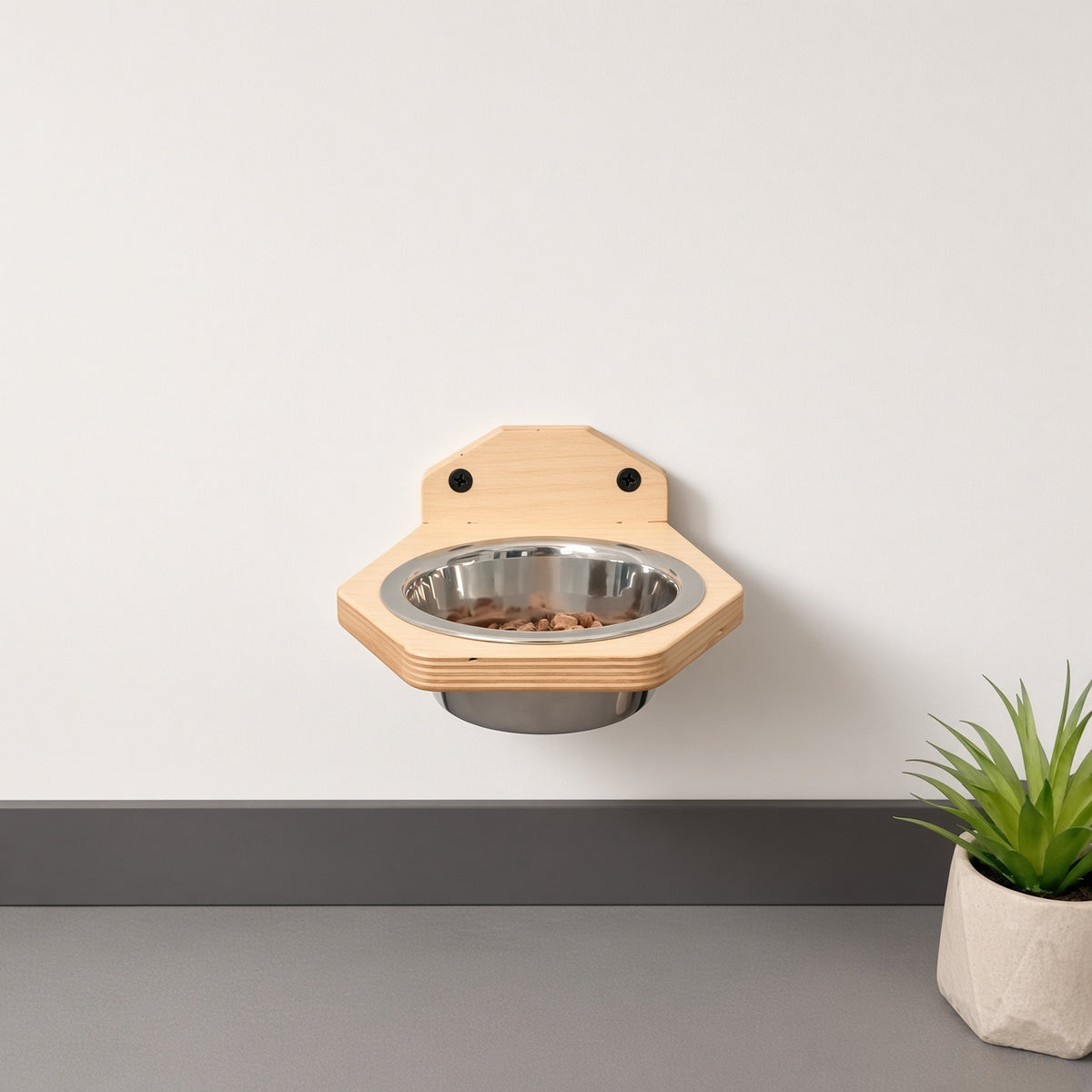 Wall-Mounted Wooden Pet Bowl - Single Removable Stainless Steel Bowl