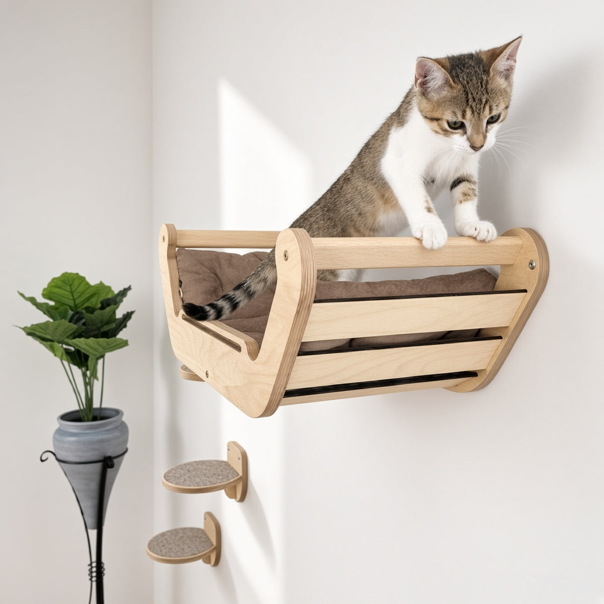 Wooden Wall Cat Bed with 3 Oval Steps - Teak Rod, Zero Floor Footprint