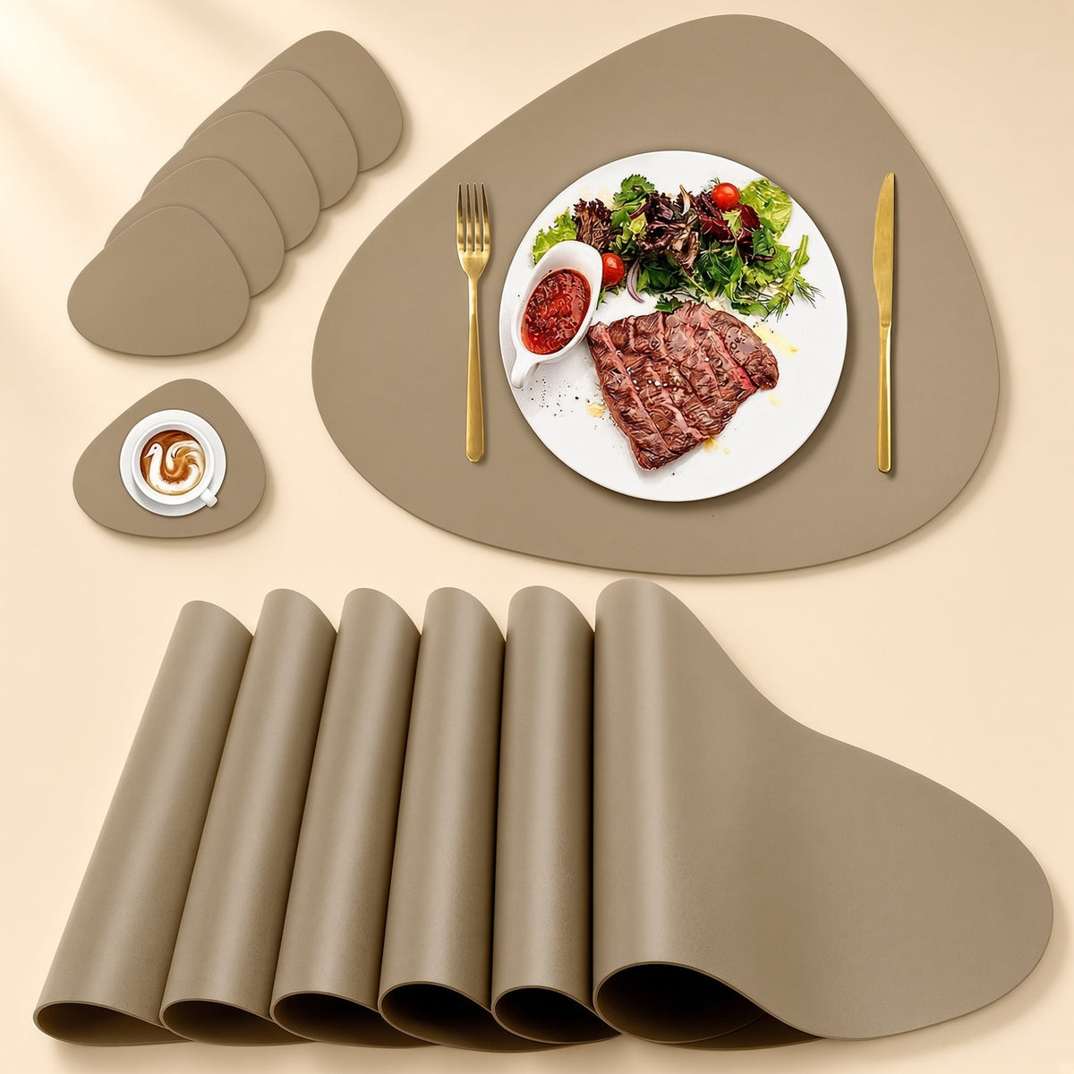 Wooden & Leather Placemat Set with Matching Tea Coasters Oval