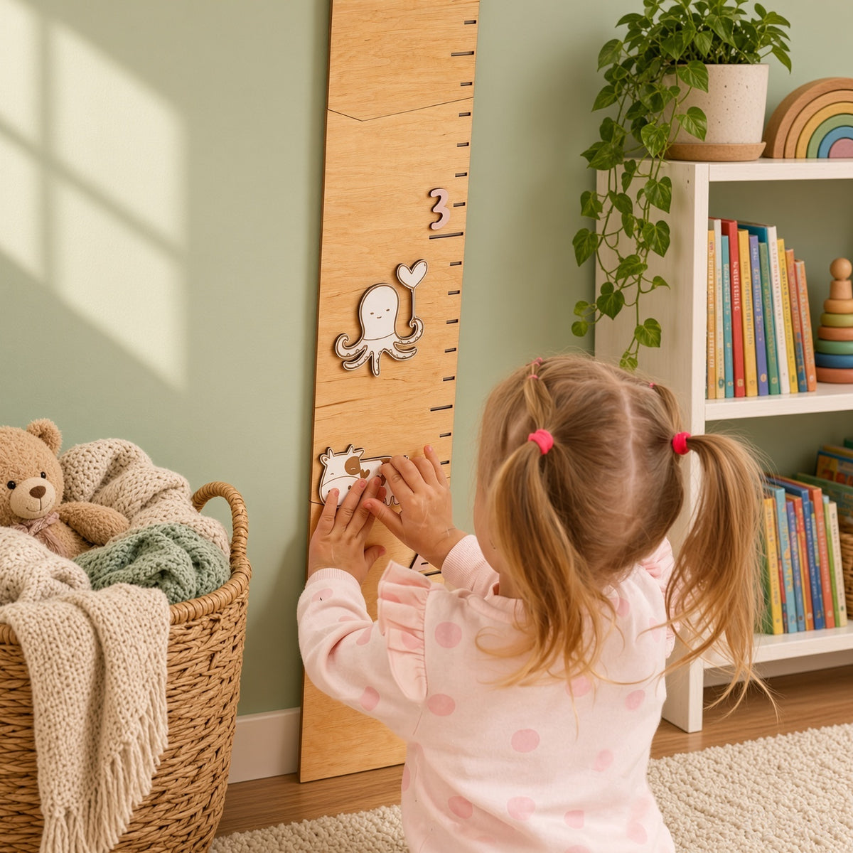 Wooden Kids Height Chart - Wall-Mounted Growth Chart with 18 Age Markers, Blue/Pink