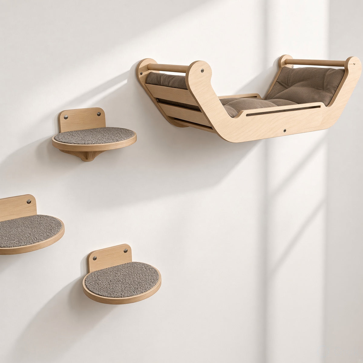 Wooden Wall Cat Bed with 3 Oval Steps - Teak Rod, Zero Floor Footprint