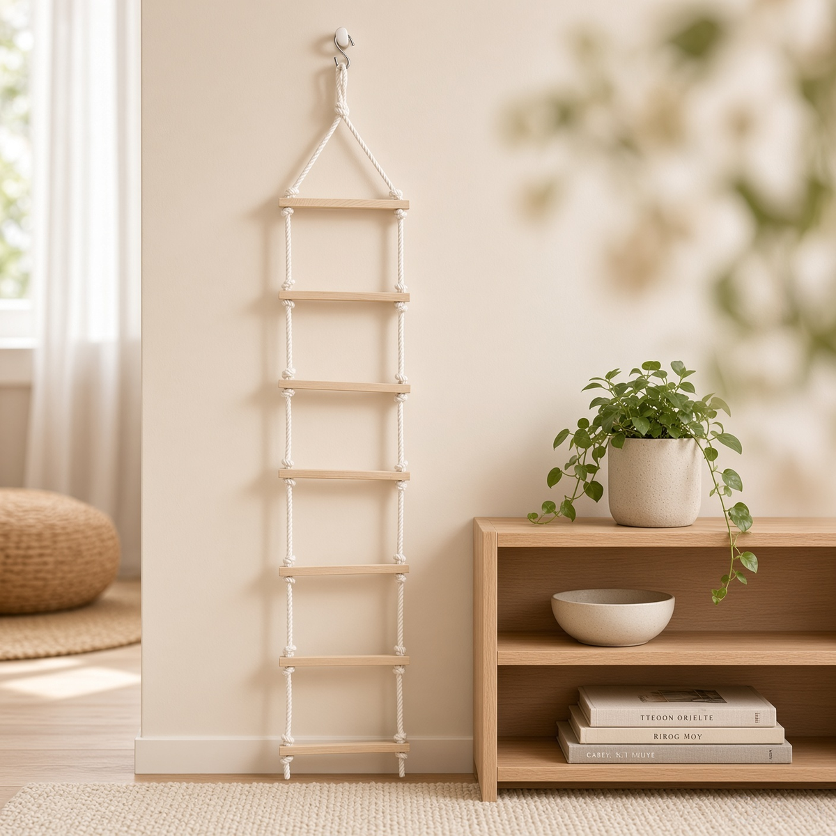 7-Step Wooden Rope Climbing Ladder for Kids - Seasoned Pine, Indoor/Outdoor Play (Ages 4–10)