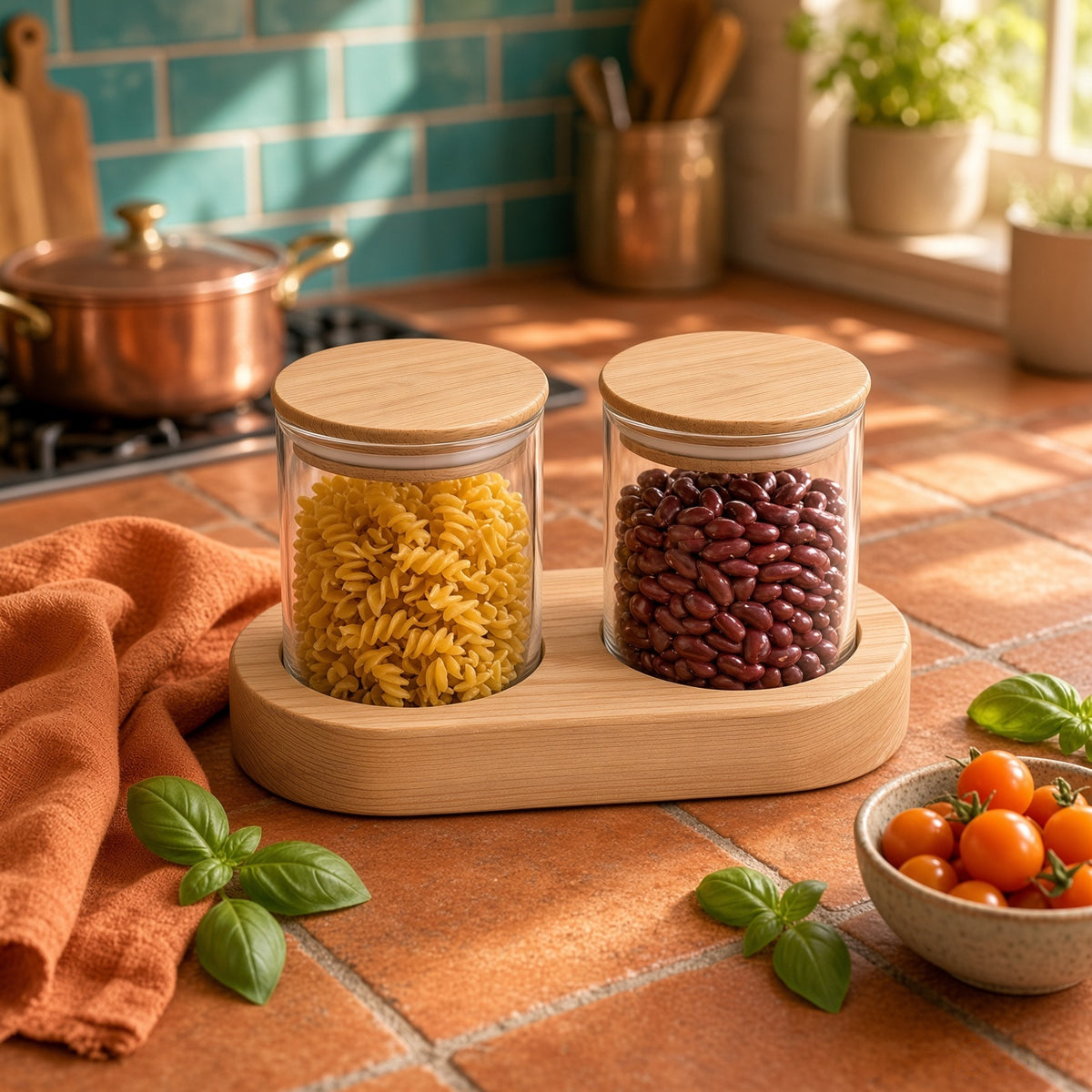 Kitchen Storage Jar Sets with Wooden Tray - Yogurt, Glass & Wooden Jars