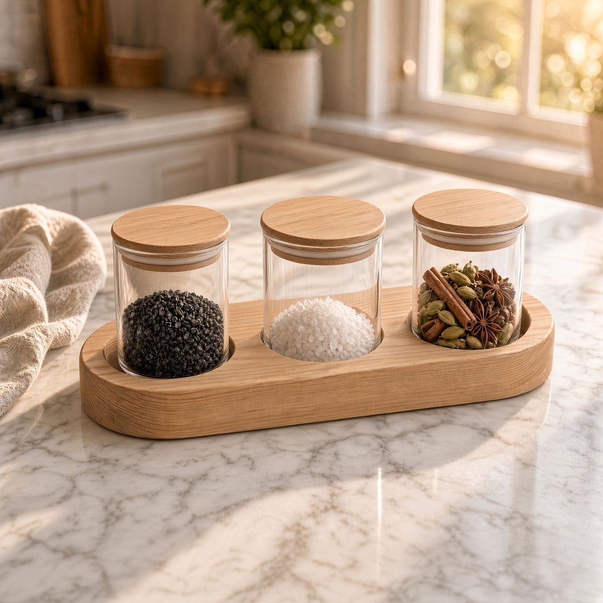 Kitchen Storage Jar Sets with Wooden Tray - Yogurt, Glass & Wooden Jars