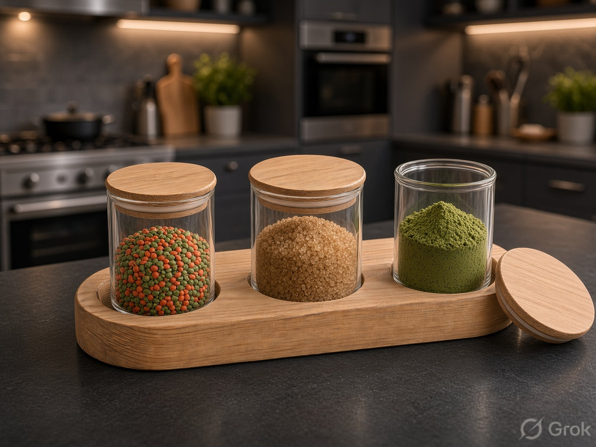 Kitchen Storage Jar Sets with Wooden Tray - Yogurt, Glass & Wooden Jars