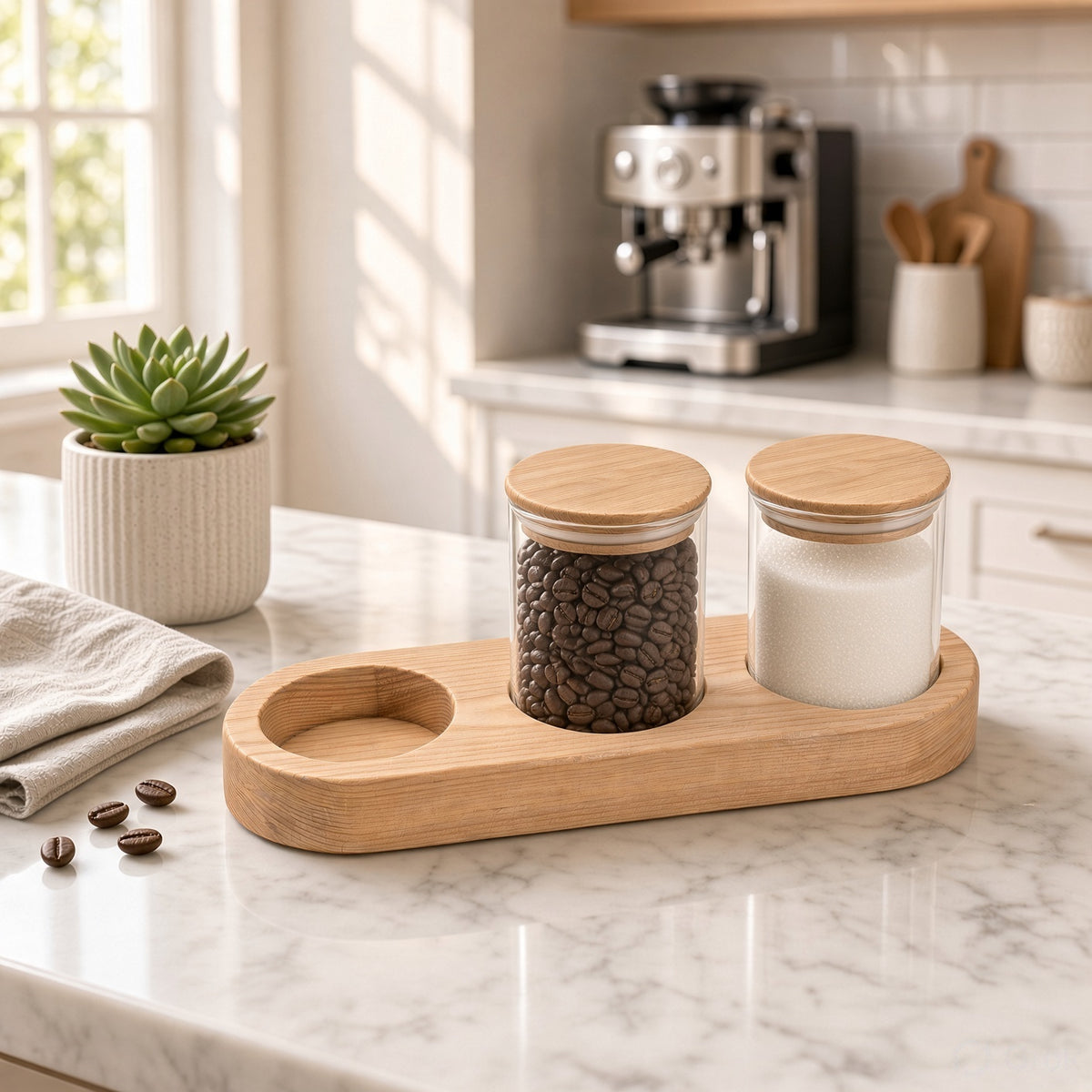 Kitchen Storage Jar Sets with Wooden Tray - Yogurt, Glass & Wooden Jars