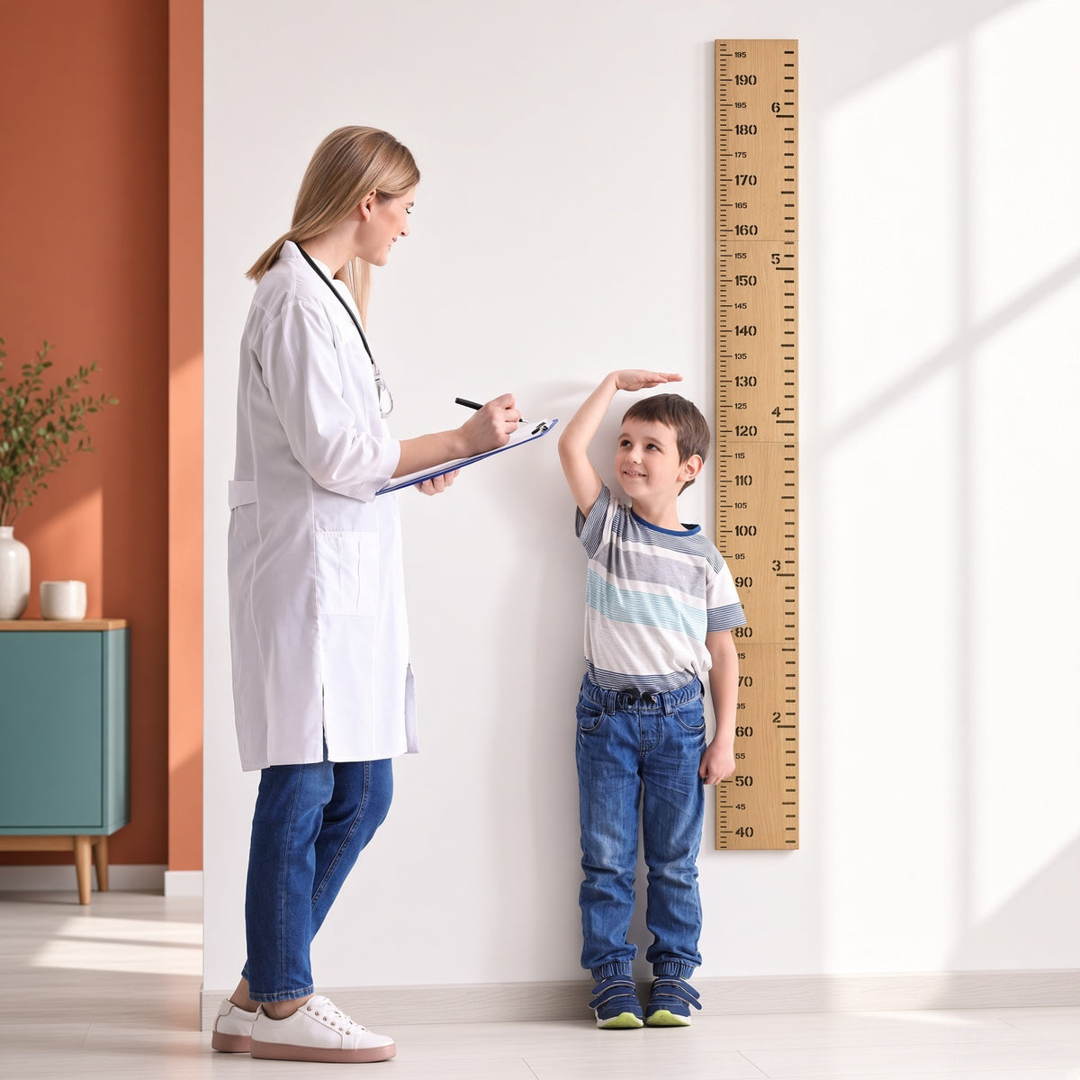 Wooden Kids Height Chart - Wall-Mounted Growth Chart with 18 Age Markers, Blue/Pink