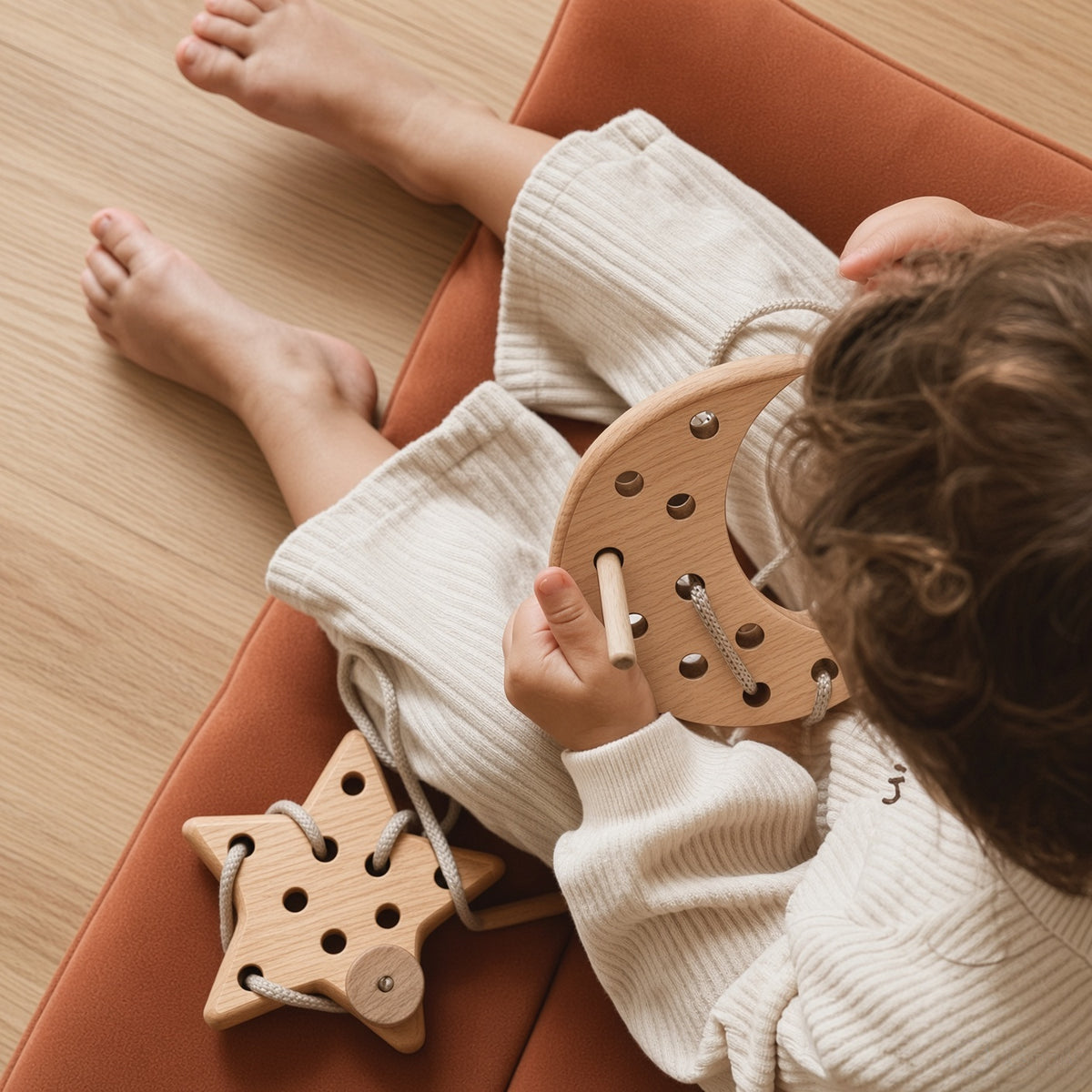 Montessori Wooden Lacing Toy - Cloud, Moon & Star Shapes for Fine Motor Skills