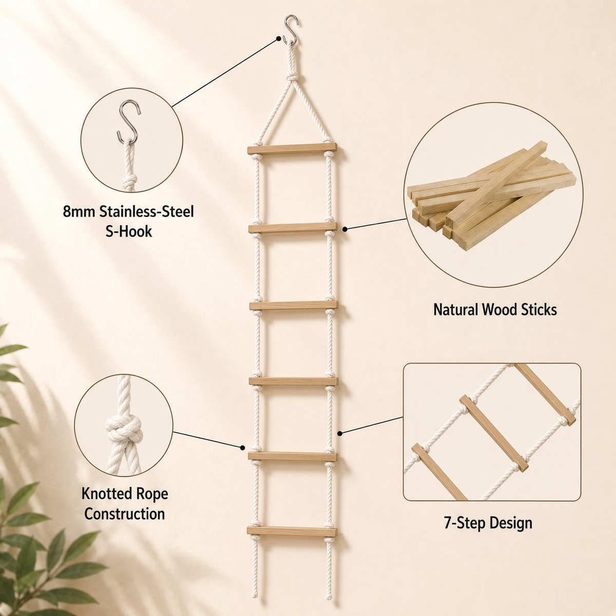 7-Step Wooden Rope Climbing Ladder for Kids - Seasoned Pine, Indoor/Outdoor Play (Ages 4–10)