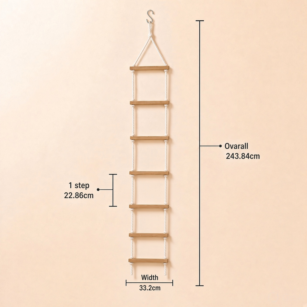 7-Step Wooden Rope Climbing Ladder for Kids - Seasoned Pine, Indoor/Outdoor Play (Ages 4–10)
