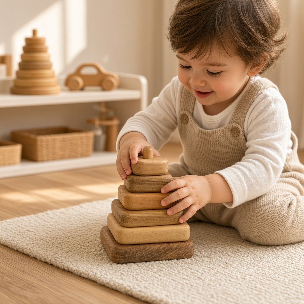 Wooden Stacking Toy - Square, Round & Triangle, 7-Piece Set