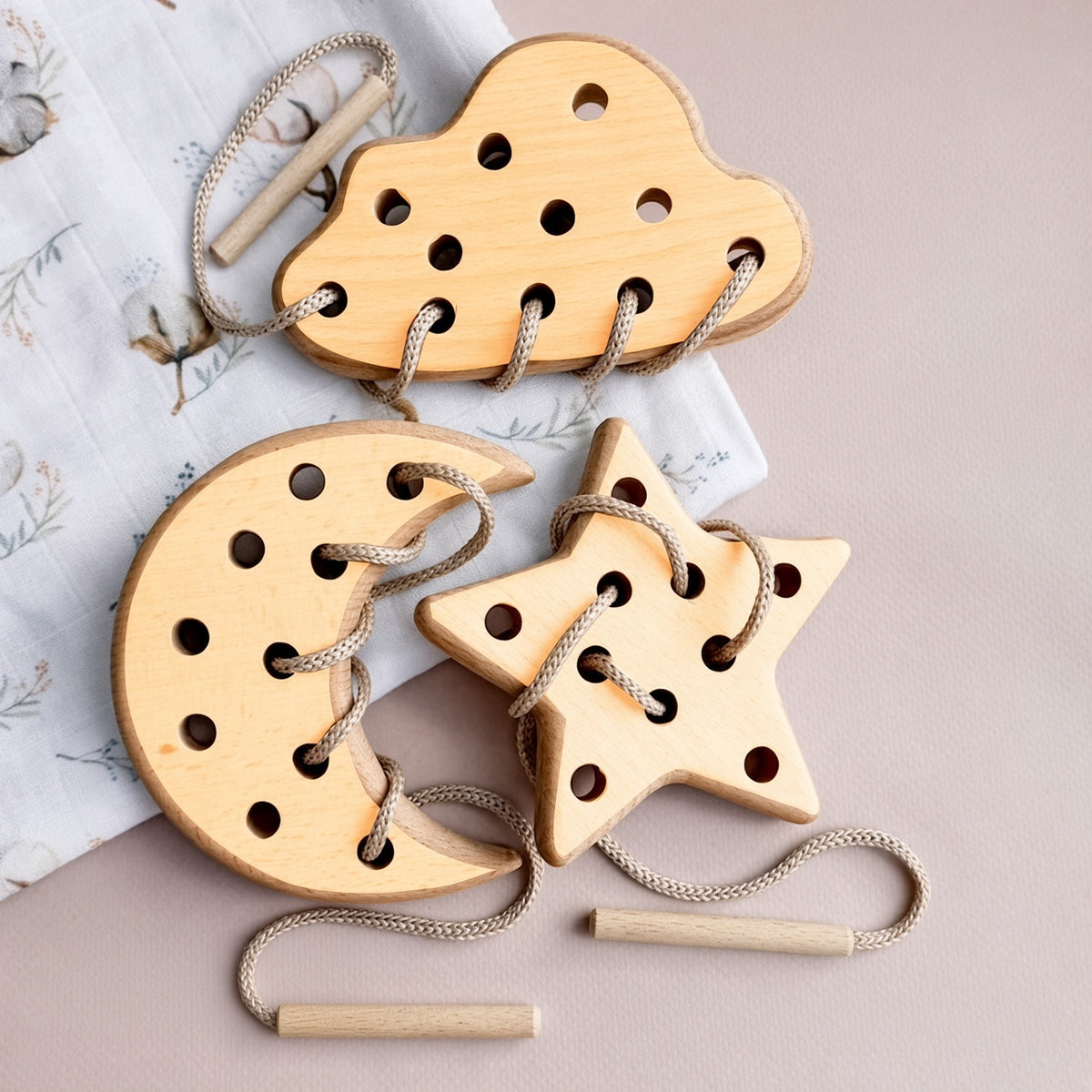 Montessori Wooden Lacing Toy - Cloud, Moon & Star Shapes for Fine Motor Skills