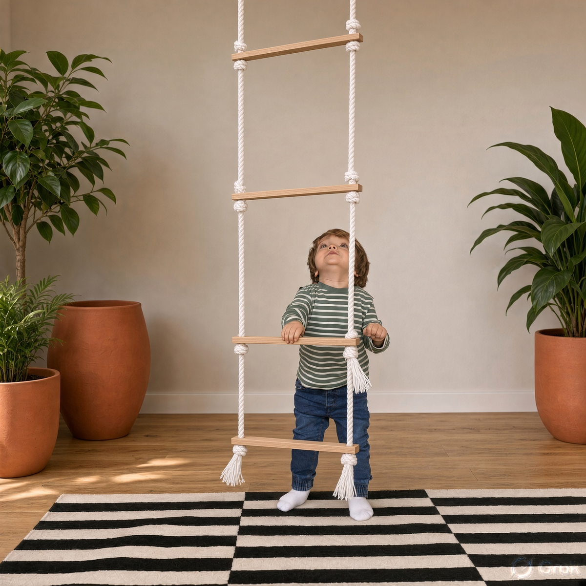 7-Step Wooden Rope Climbing Ladder for Kids - Seasoned Pine, Indoor/Outdoor Play (Ages 4–10)