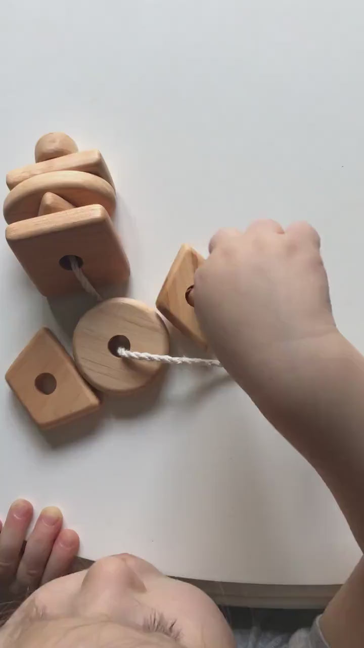 Montessori Geometric Wooden Lacing Toy - 8 Shapes for Fine Motor Skills