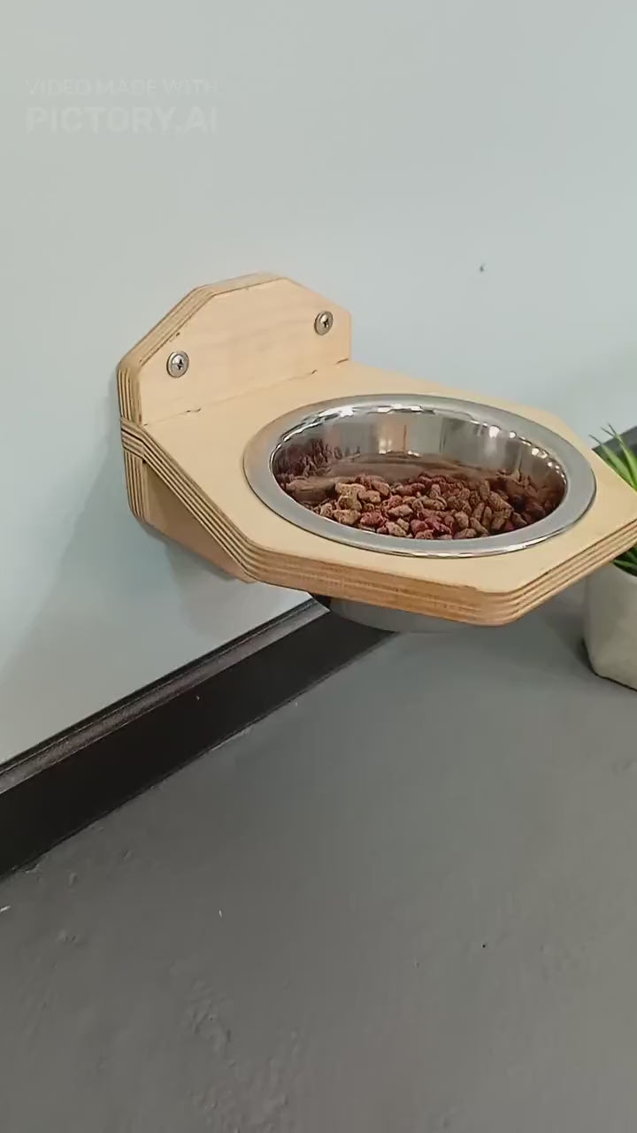 Wall-Mounted Wooden Pet Bowl - Single Removable Stainless Steel Bowl
