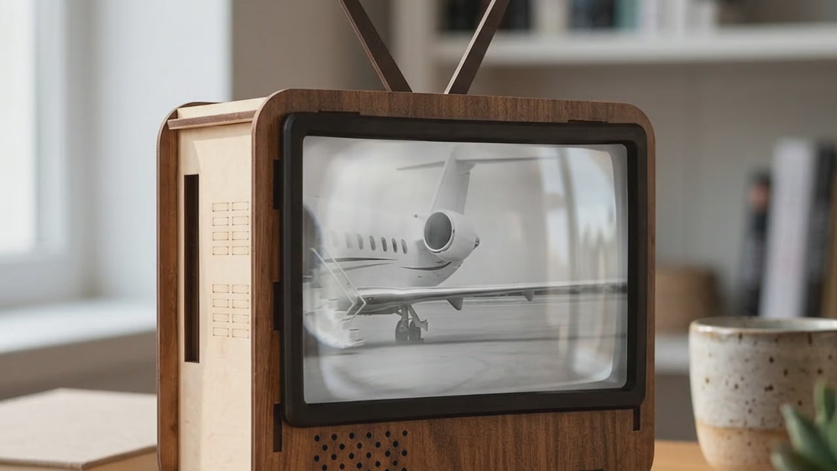 Retro TV-Shaped Wooden Phone Stand with Magnifying Screen - Hands-Free Mini Cinema